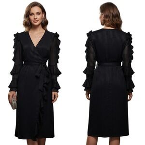 Bardot Black Ruffle Cold Shoulder Midi Cutouts‎ Dress Wrap Tie Size M Nwot